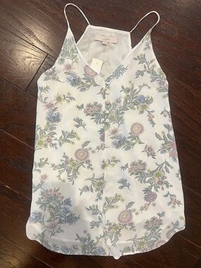 LOFT White Floral V-Neck Button Cami with Pastel Blooms